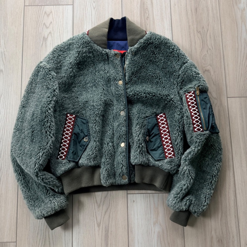 Hilfiger Collection Bomber Teddy Jacket Women 6 Green Shearling Embroidered
